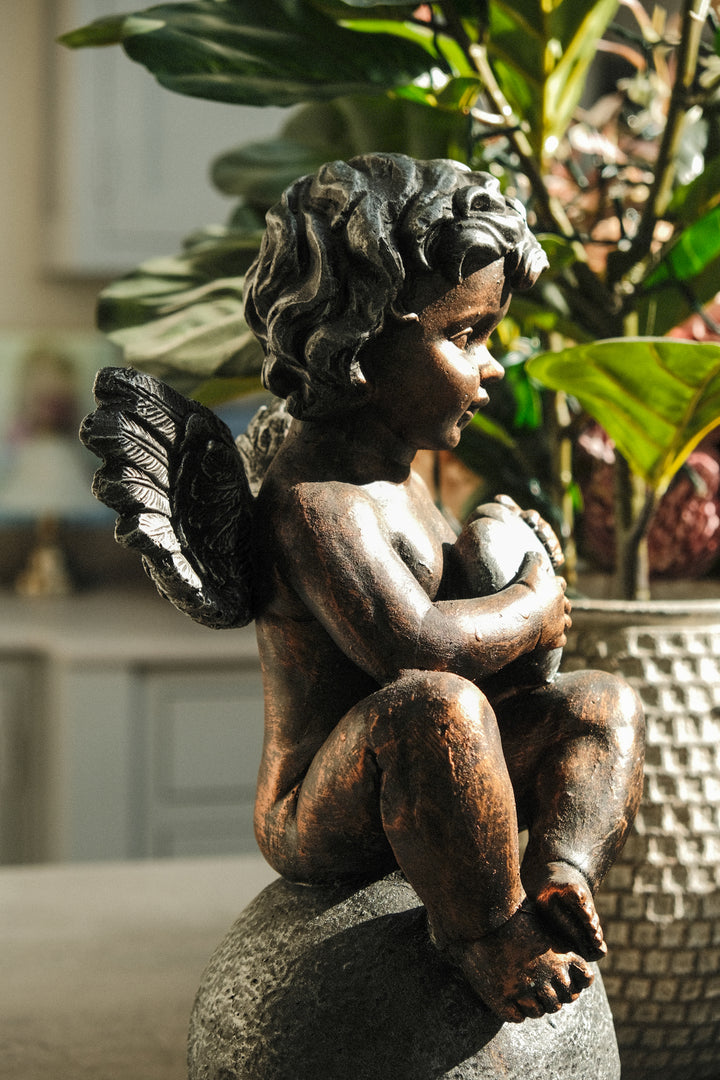 Bronze Effect Cherub With Heart Sitting Angel Garden Decoration Ornament