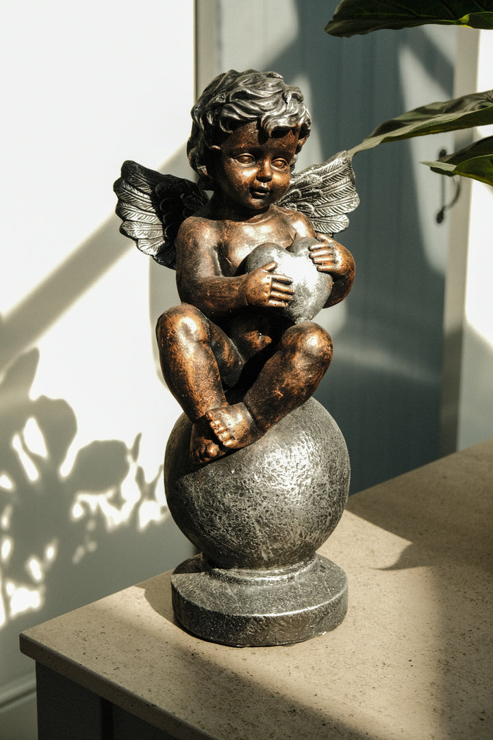 Bronze Effect Cherub With Heart Sitting Angel Garden Decoration Ornament