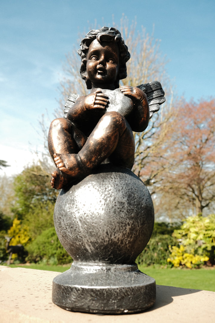 Bronze Effect Cherub With Heart Sitting Angel Garden Decoration Ornament