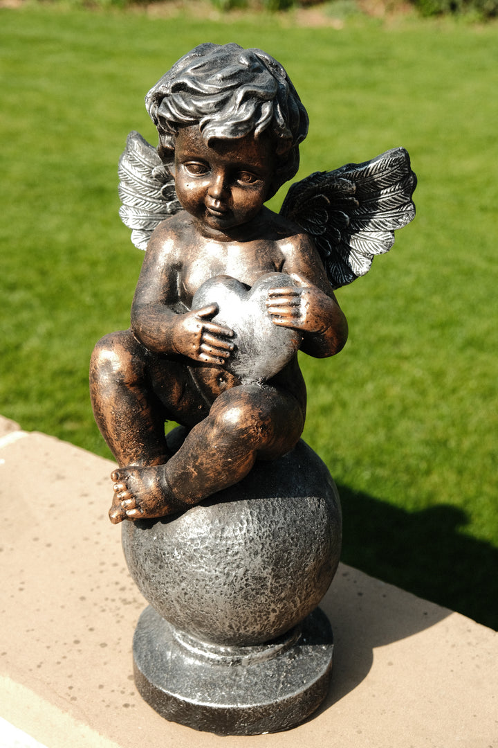 Bronze Effect Cherub With Heart Sitting Angel Garden Decoration Ornament