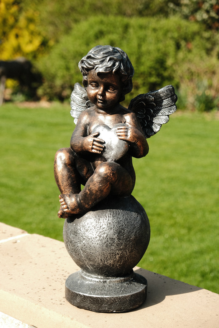 Bronze Effect Cherub With Heart Sitting Angel Garden Decoration Ornament
