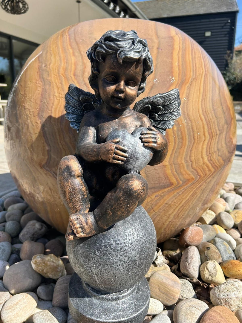 Bronze Effect Cherub With Heart Sitting Angel Garden Decoration Ornament