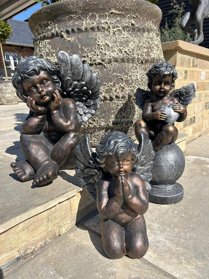 Bronze Effect Dreaming Sitting Down Cherub Angel Garden Decoration Ornament