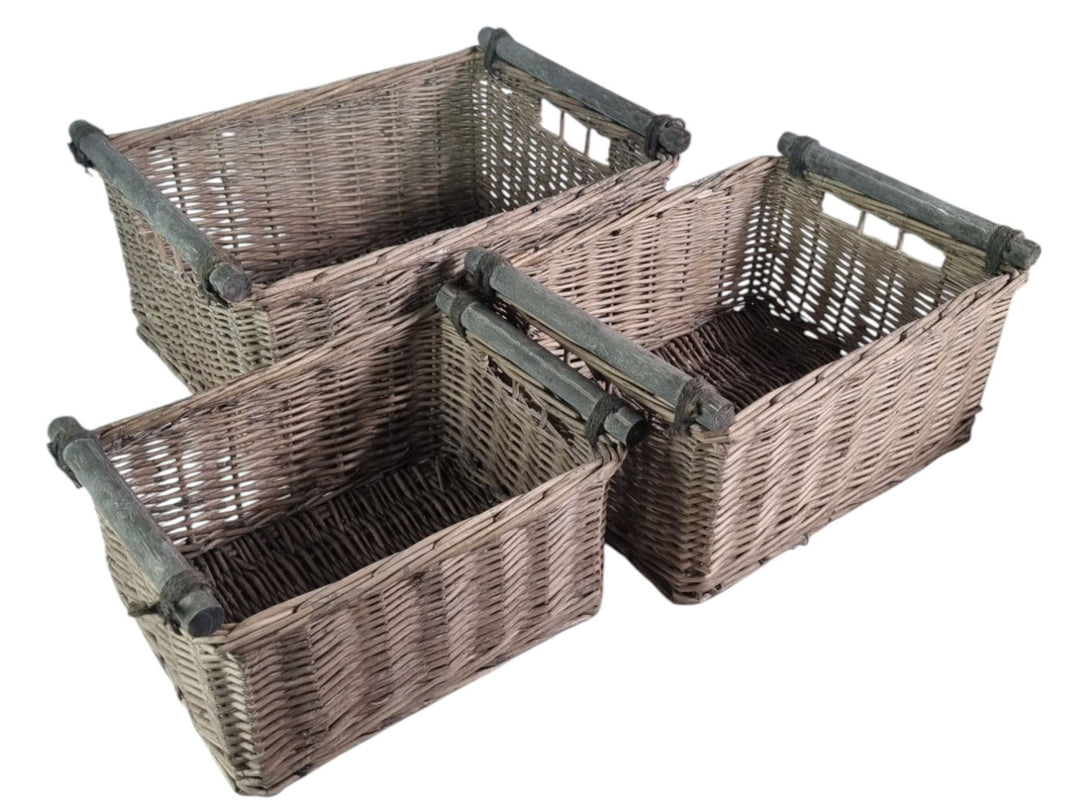 Grey-wash Rectangular Wicker Basket with Wooden Handles Home Toy Storage Hamper