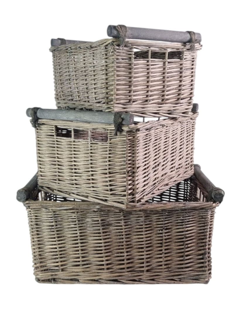 Grey-wash Rectangular Wicker Basket with Wooden Handles Home Toy Storage Hamper