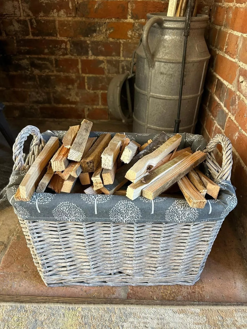 Rectangular Grey-wash Wicker Log Fireside Storage Basket with Mulberry Liner