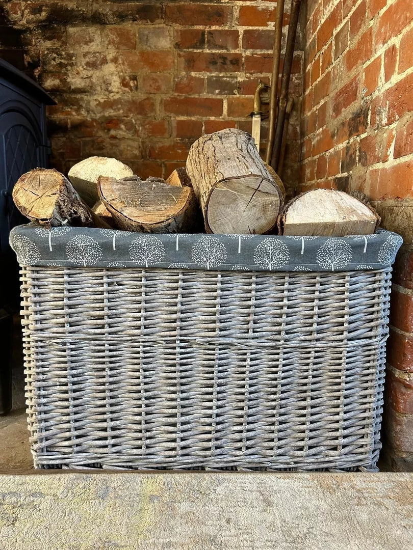 Rectangular Grey-wash Wicker Log Fireside Storage Basket with Mulberry Liner
