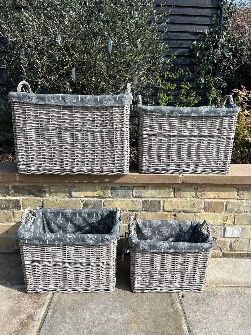 Rectangular Grey-wash Wicker Log Fireside Storage Basket with Mulberry Liner