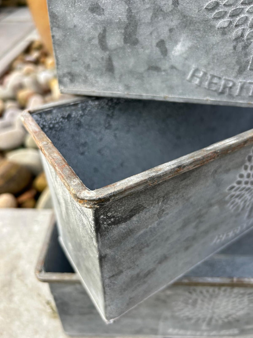 Set Of 3 Zinc Rectangular Garden Planters Plant Pot Embossed Heritage Tree8