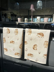 Happy Hedgehog Set Of Two Beige Kitchen Tea Towel 100% Cotton Kitchen Textiles2