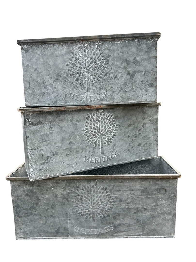 Set Of 3 Zinc Rectangular Garden Planters Plant Pot Embossed Heritage Tree9
