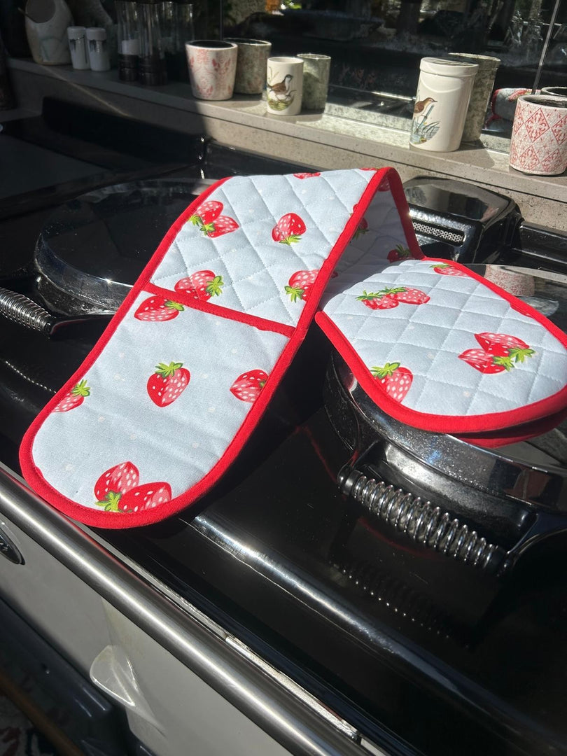 Summer Strawberry Tea Towel & Double Oven Glove Set Blue Kitchen 100% Cotton6