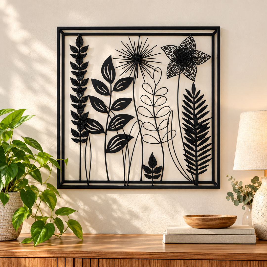 Black Metal Floral Wall Art Square Botanical Flower Leaf Hanging Home Decor Gift3