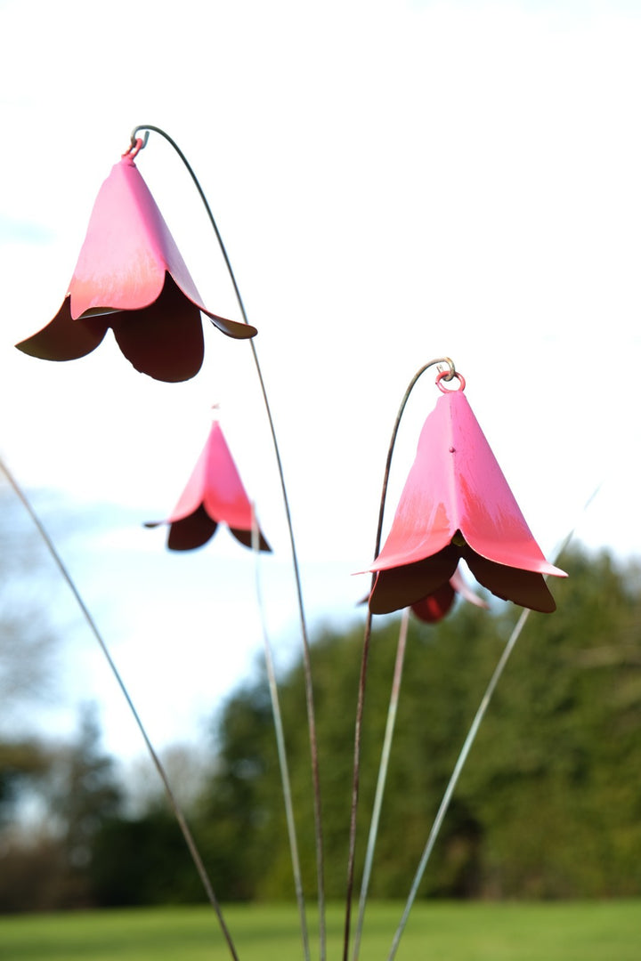 Pink Metal Bell Flower Stake Verdigris Stem Garden Ornament Decor Gift Floral5