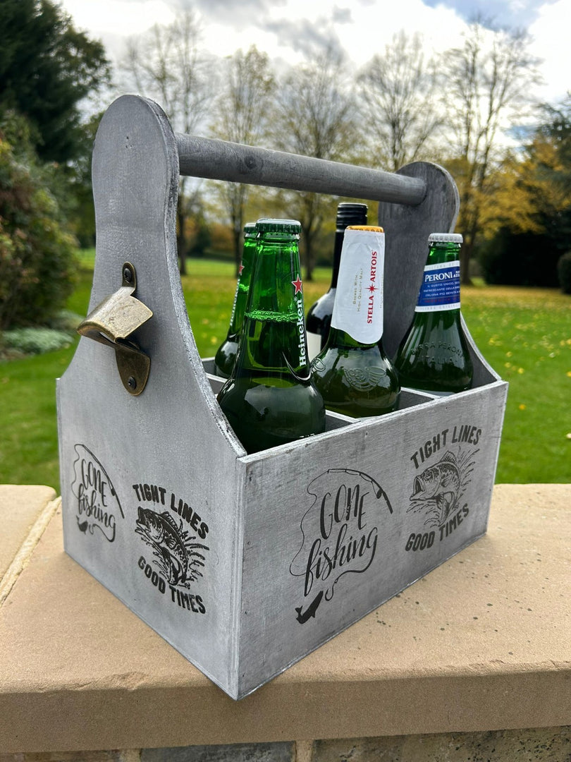 Wooden Beer Bottle Gift Box Carrier Fishing Fisherman Gift Novelty Xmas Large16