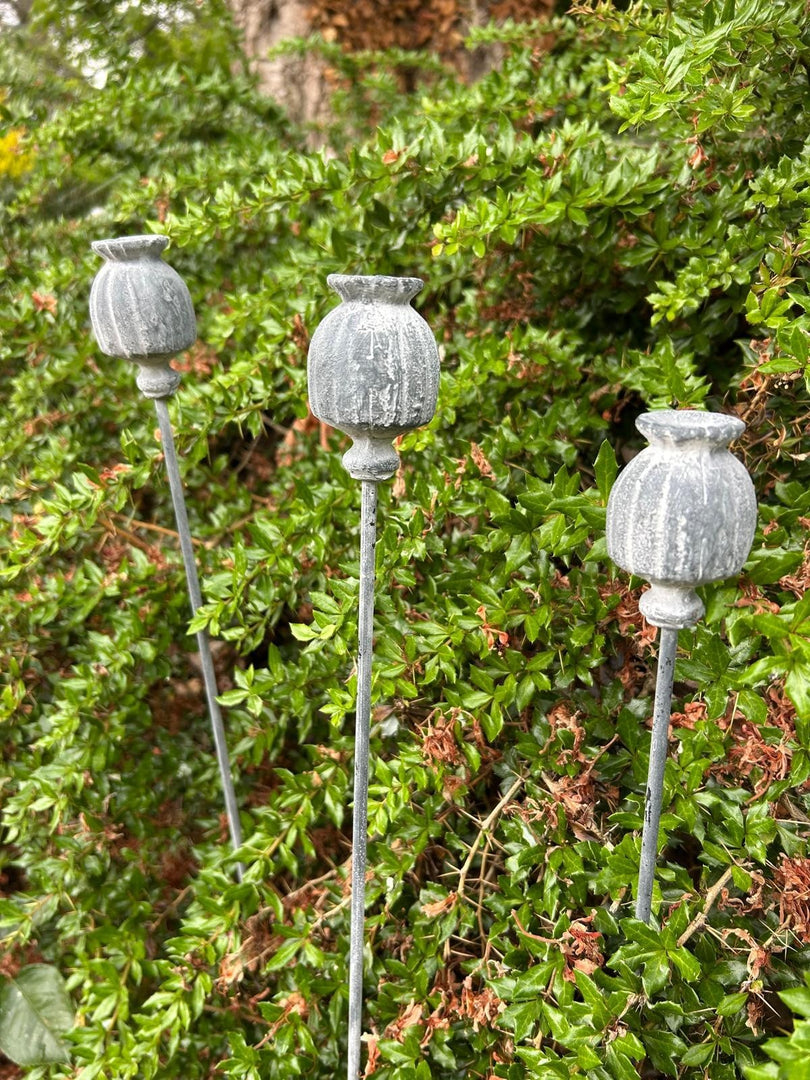 Set Of 3 Poppy Seed Heads Vintage Metal Ornament Garden Stake Outdoor Giftware7