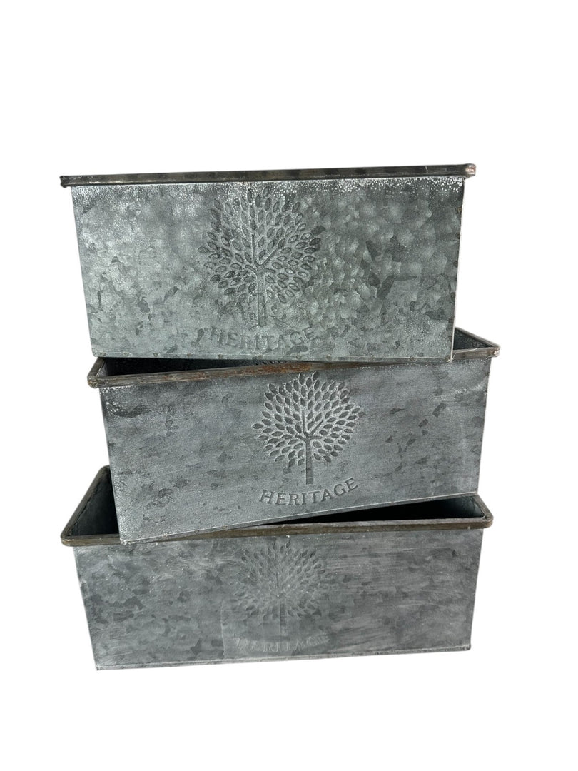 Set Of 3 Zinc Rectangular Garden Planters Plant Pot Embossed Heritage Tree1