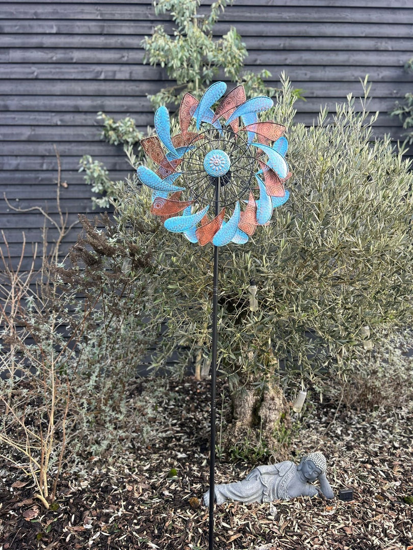 XL Bronze & Blue Leaf Colourful Spinner Garden Decorative Spinning Stake Sensory0