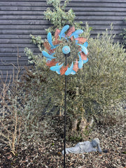 XL Bronze & Blue Leaf Colourful Spinner Garden Decorative Spinning Stake Sensory0