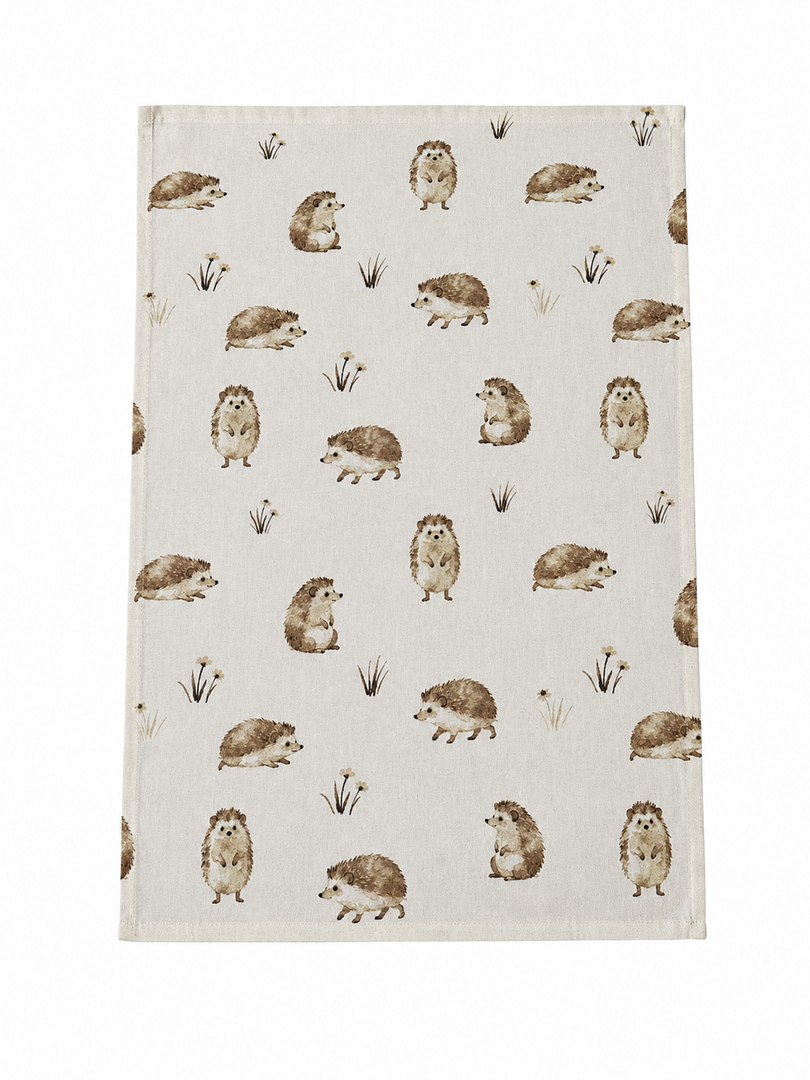 Happy Hedgehog Tea Towel & Double Oven Glove Set Beige Kitchen 100% Cotton Gift10