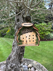 Small Wooden Insect Hotel Home Hanging Bug House with Bark Roof Garden Shelter3