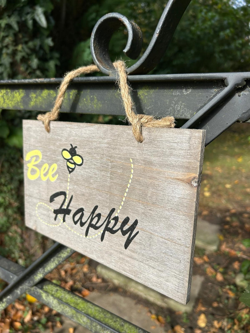 Bee Happy Wooden Garden Sign Hanging Plaque Notice Gift Love Nature Bumblebee7