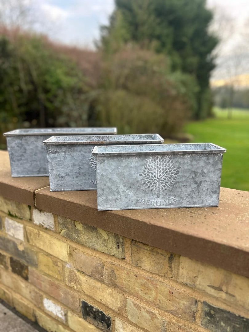 Set Of 3 Zinc Rectangular Garden Planters Plant Pot Embossed Heritage Tree6