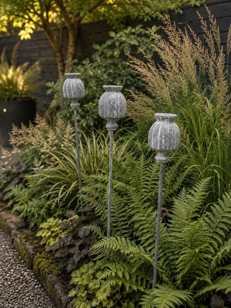 Set Of 3 Poppy Seed Heads Vintage Metal Ornament Garden Stake Outdoor Giftware0