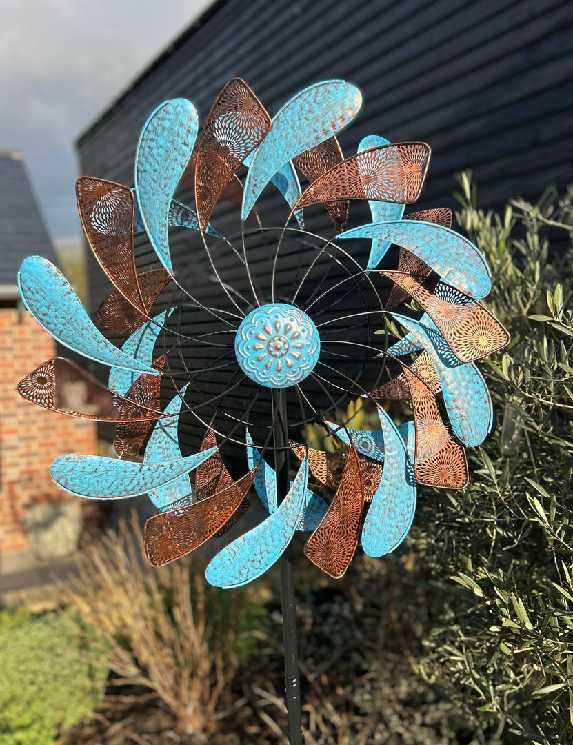 XL Bronze & Blue Leaf Colourful Spinner Garden Decorative Spinning Stake Sensory2