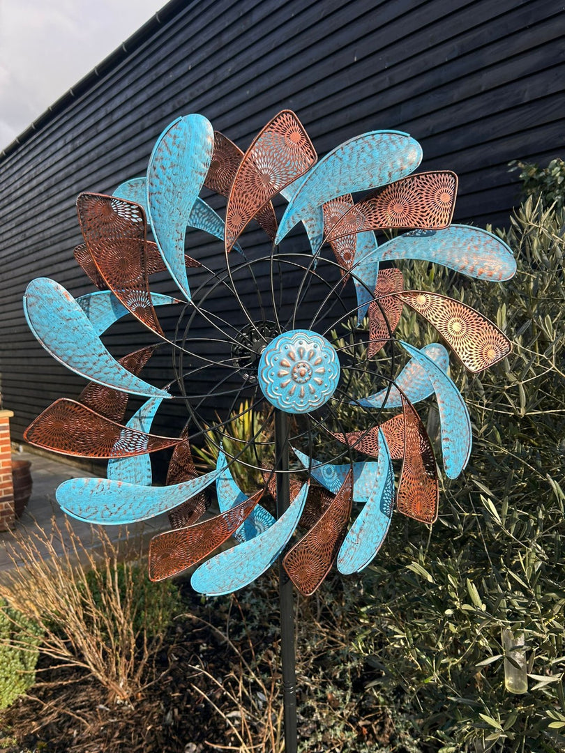 XL Bronze & Blue Leaf Colourful Spinner Garden Decorative Spinning Stake Sensory8