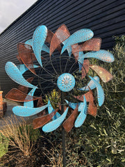 XL Bronze & Blue Leaf Colourful Spinner Garden Decorative Spinning Stake Sensory8