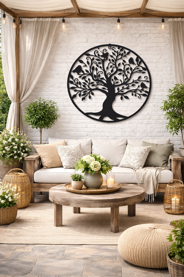 Large Black Tree & Birds Metal Garden Outdoor Wall Art  Plaque 80cm Diameter0