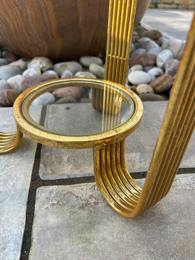 Elegant Gold Metal Accent Side Table With Glass Inserts Slim Home Decor Vintage14