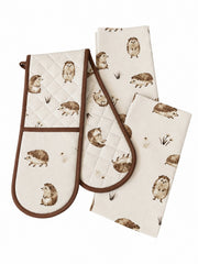 Happy Hedgehog Tea Towel & Double Oven Glove Set Beige Kitchen 100% Cotton Gift11