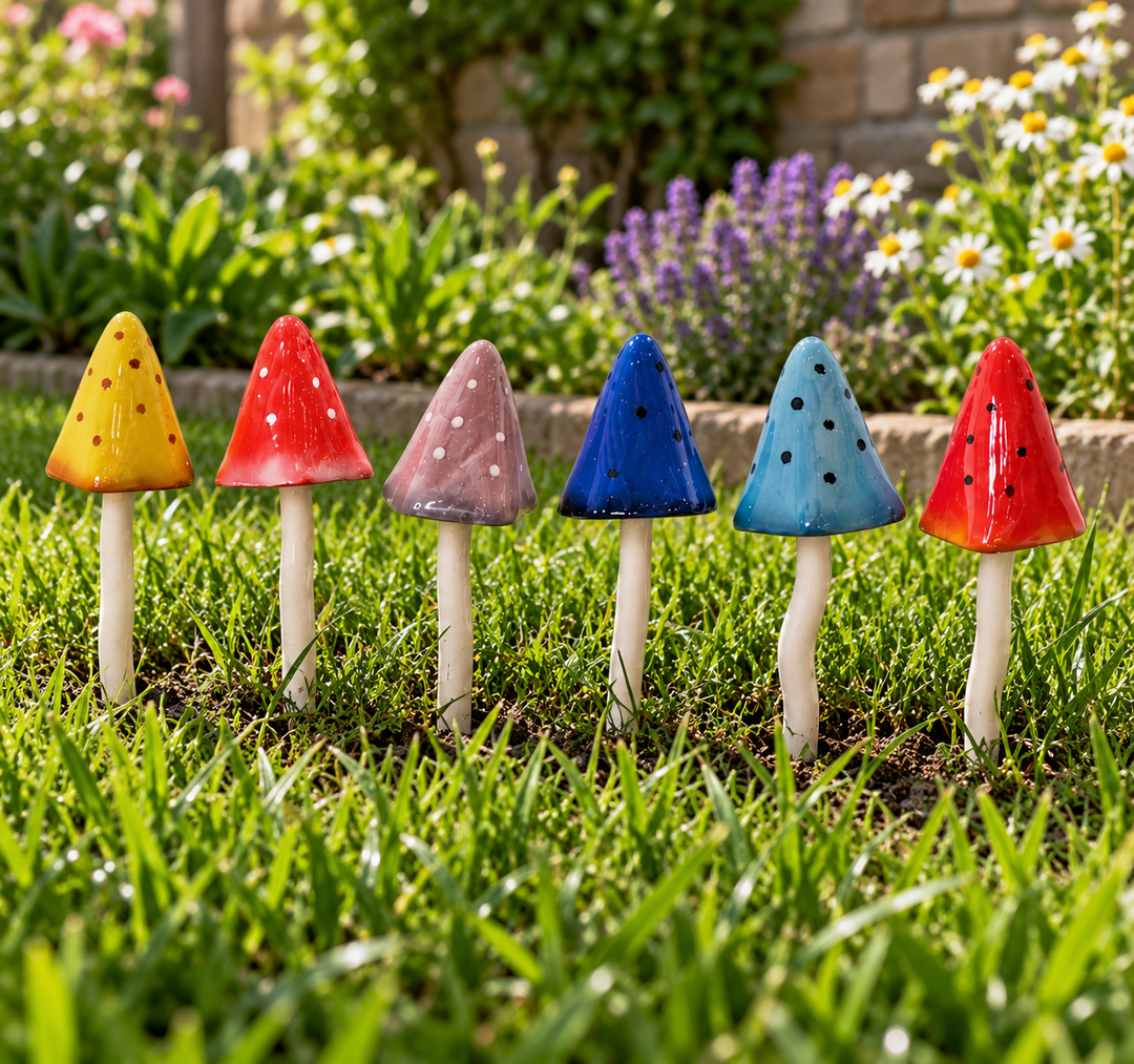 Set of 6 Colourful Ceramic Mushroom Garden Stakes Toadstool Lawn Ornaments Pot4