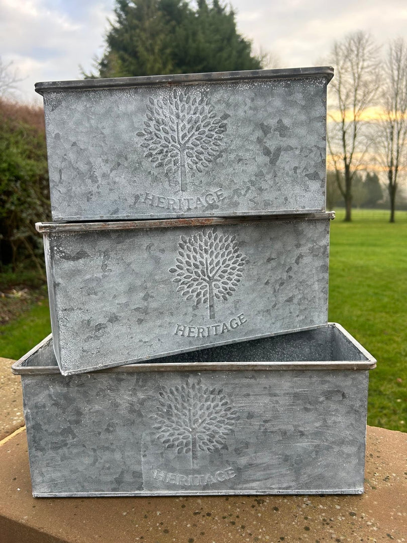 Set Of 3 Zinc Rectangular Garden Planters Plant Pot Embossed Heritage Tree5