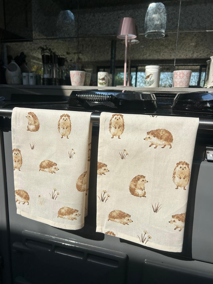 Happy Hedgehog Tea Towel & Double Oven Glove Set Beige Kitchen 100% Cotton Gift4