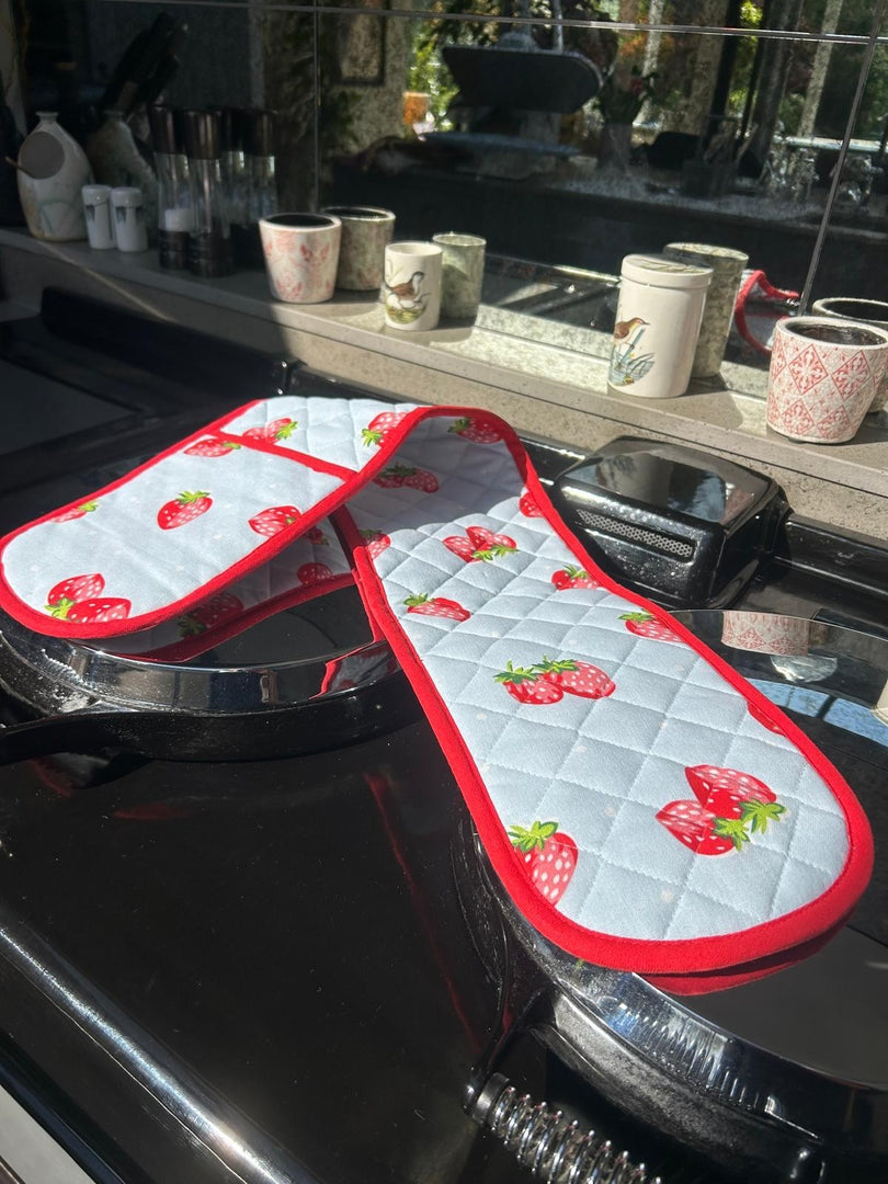 Summer Strawberry Tea Towel & Double Oven Glove Set Blue Kitchen 100% Cotton5