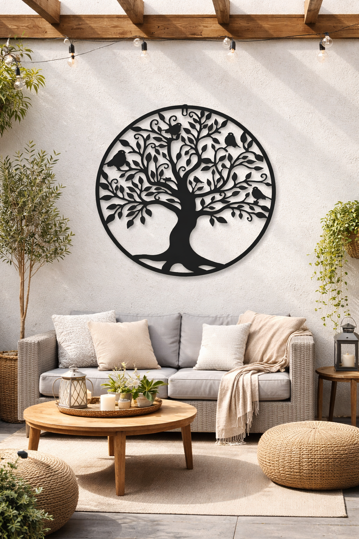 Large Black Tree & Birds Metal Garden Outdoor Wall Art  Plaque 80cm Diameter2