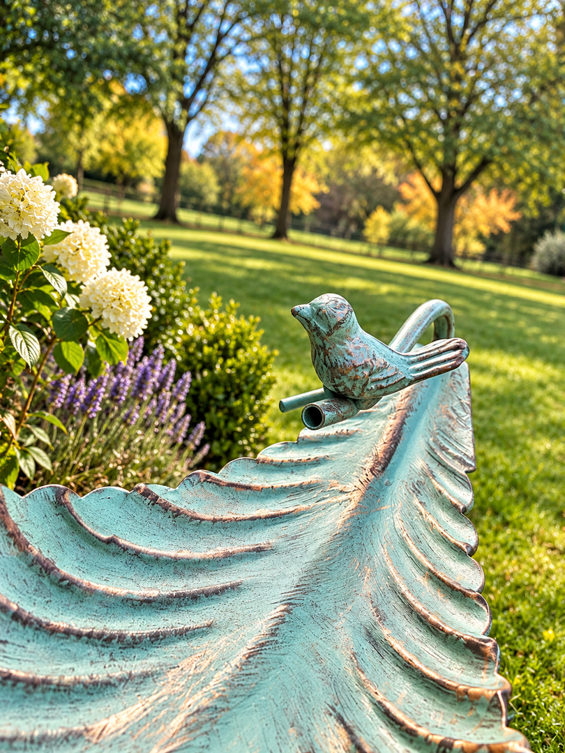 Vintage Style Verdigris Green Metal Bird Bath Feeder Leaf Design Garden Ornament3