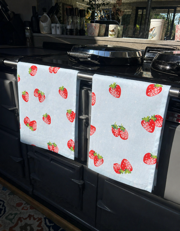 Summer Strawberry Set Of Two Blue Kitchen Tea Towels 100% Cotton Kitchen Textile0