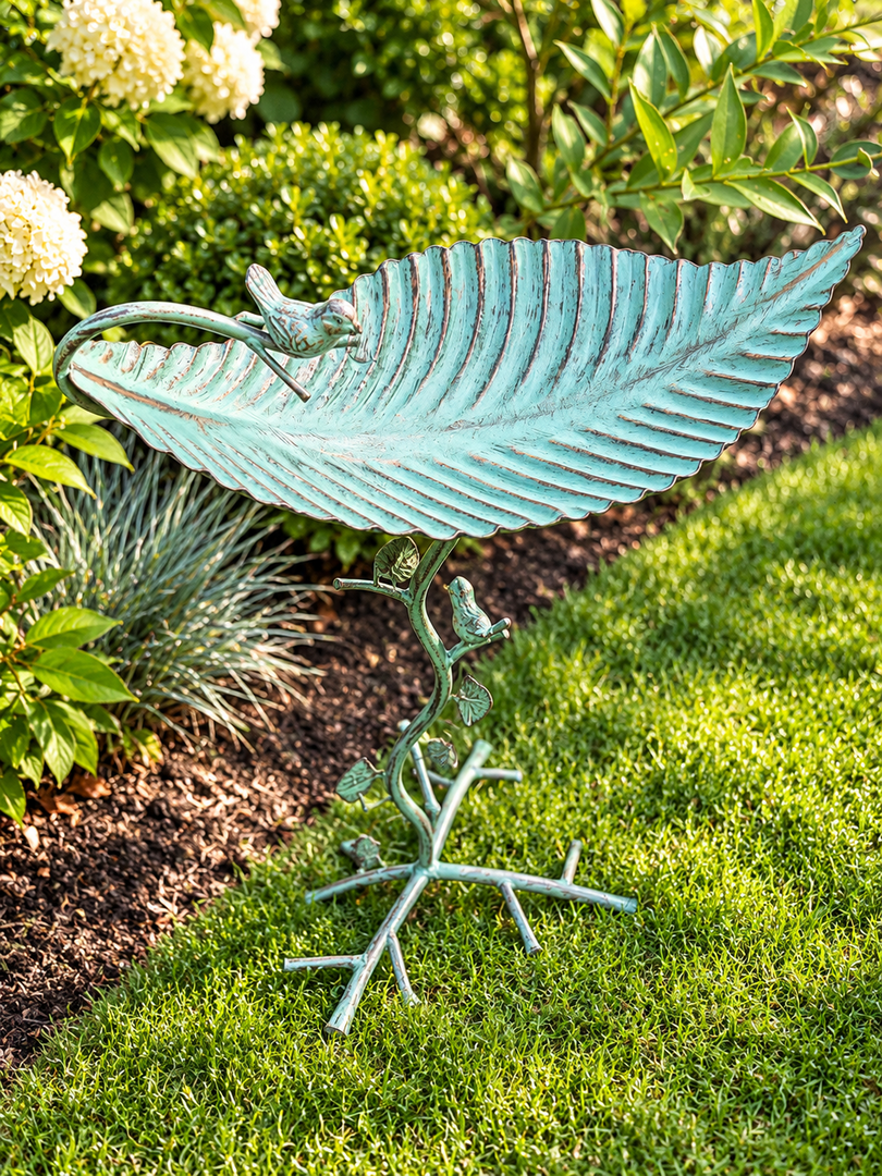 Vintage Style Verdigris Green Metal Bird Bath Feeder Leaf Design Garden Ornament0