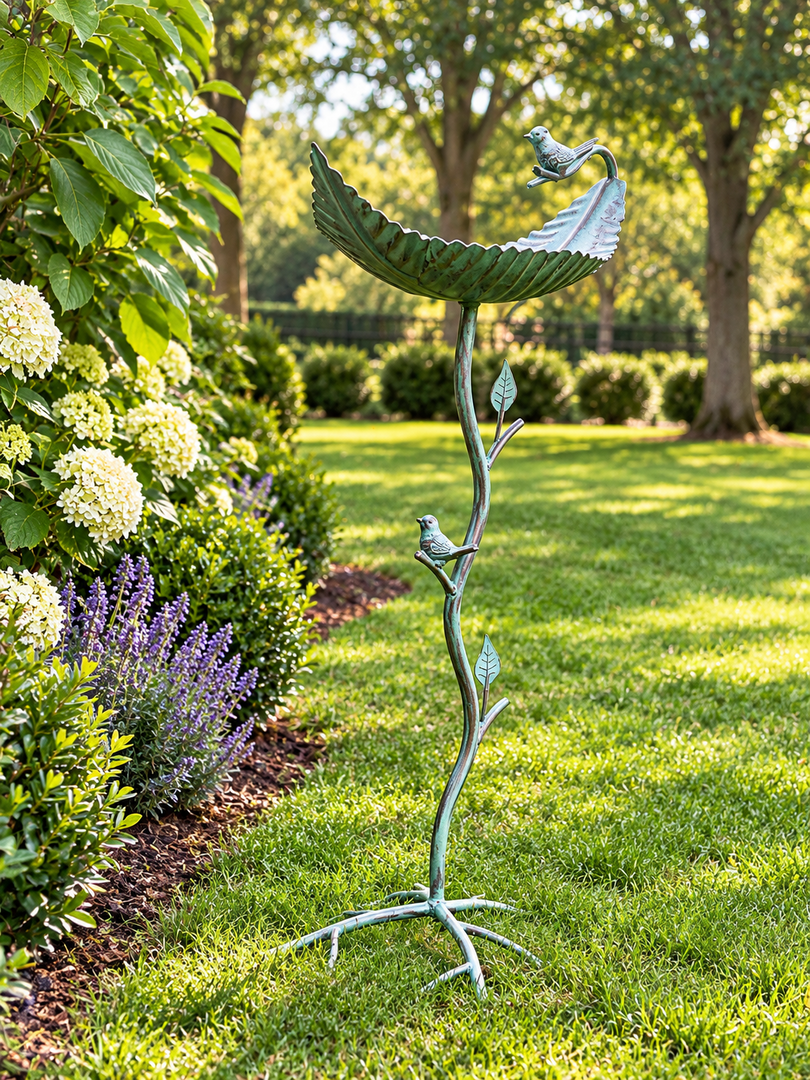 Vintage Style Verdigris Green Metal Bird Bath Feeder Leaf Design Garden Ornament7