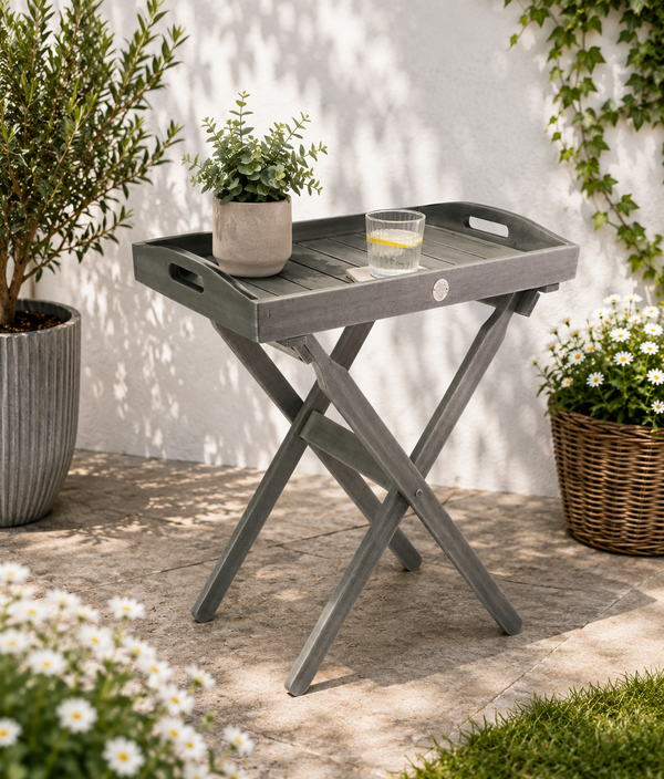Classic Grey Wooden Garden Butler's Tea Tray Table Eucalyptus Indoor Outdoor0