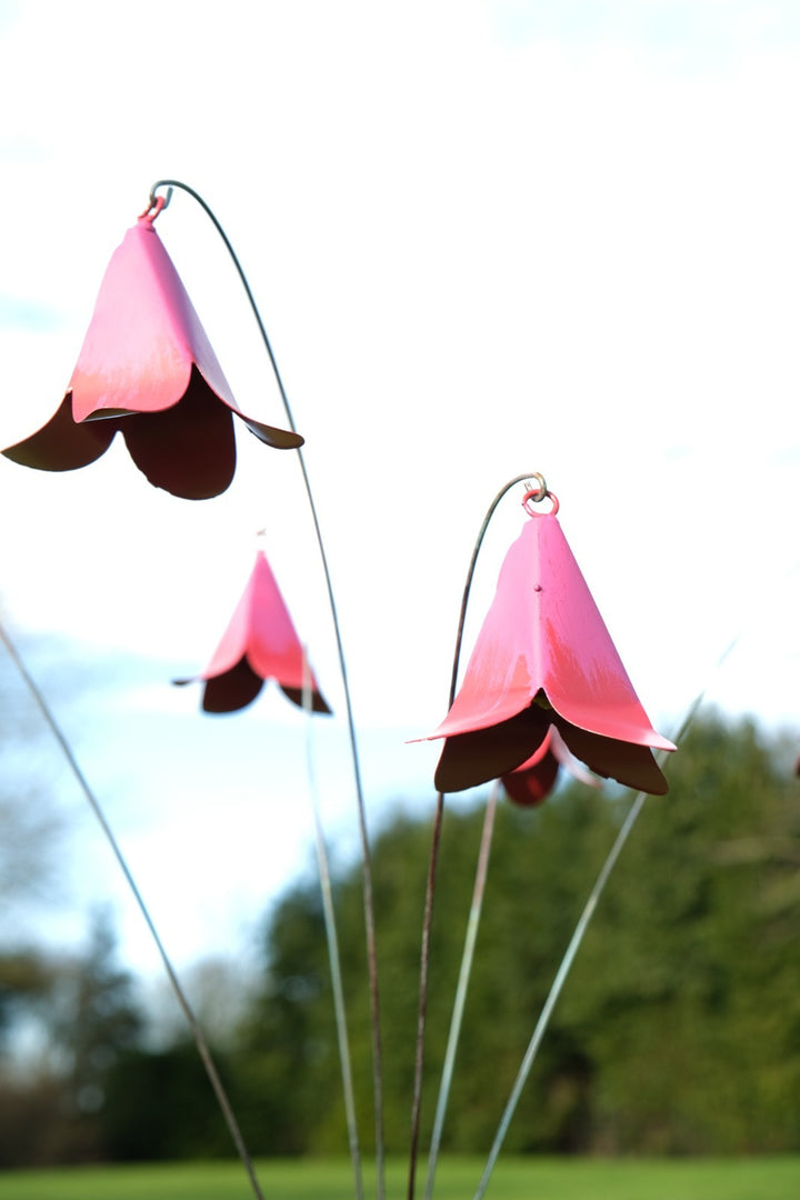 Pink Metal Bell Flower Stake Verdigris Stem Garden Ornament Decor Gift Floral3