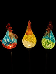 Set of 3 Solar Chicken Cockerel Lights Colourful Glass Garden Decor Stakes Gift19