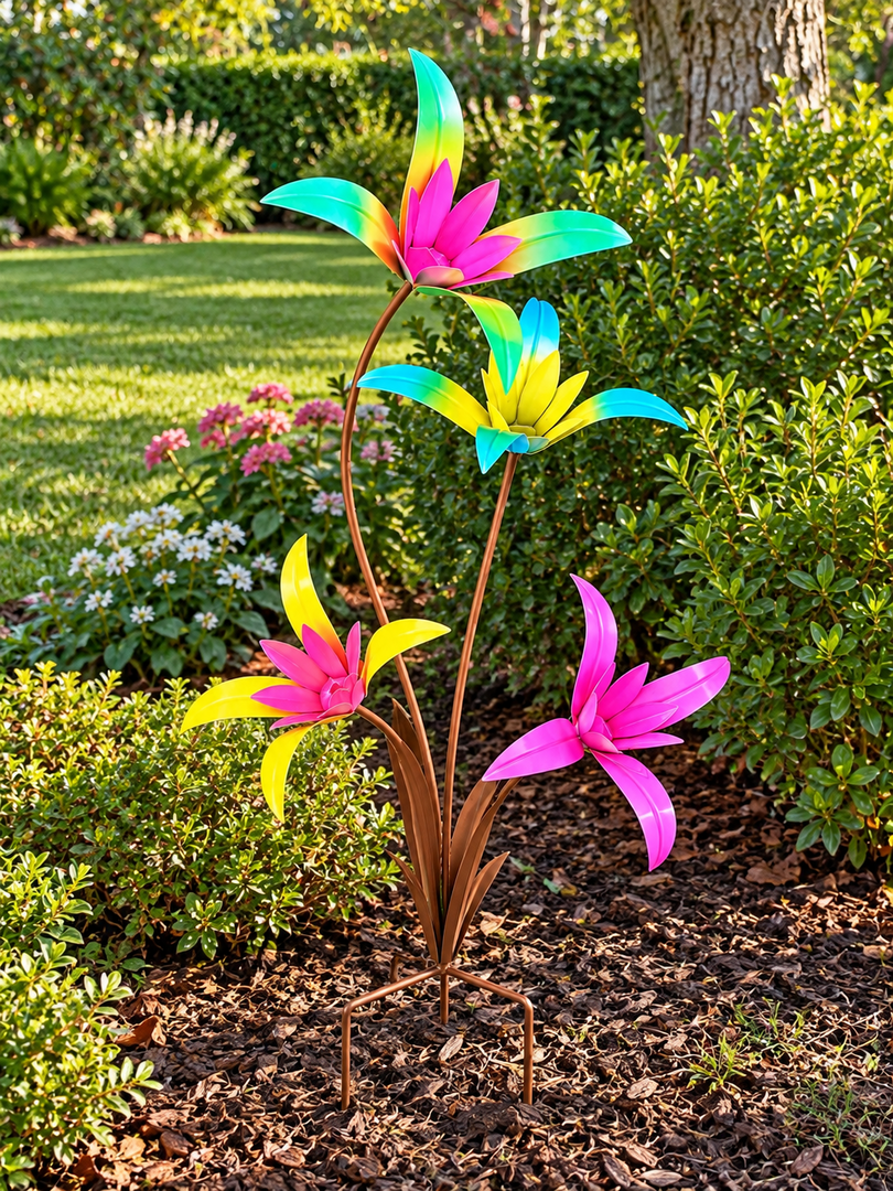 Colourful Metal Garden Flower Ornament Outdoor Lily Sculpture Stake Decoration0
