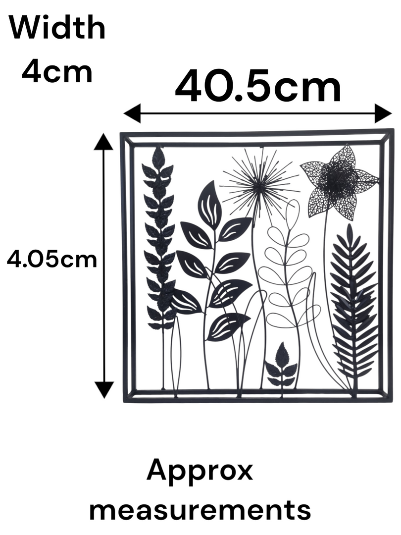 Black Metal Floral Wall Art Square Botanical Flower Leaf Hanging Home Decor Gift1