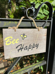 Bee Happy Wooden Garden Sign Hanging Plaque Notice Gift Love Nature Bumblebee2