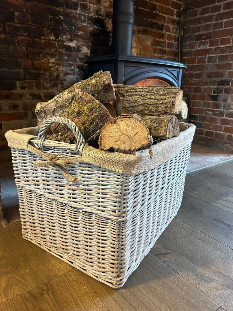 NEW Rectangular Driftwood wash Wicker Log Storage Basket with Hessian Liner13